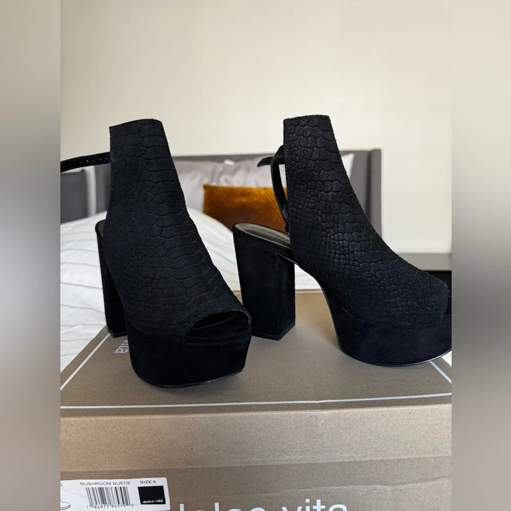 Silence + Noise Black Peep-Toe Heeled Boots - Picture 9 of 11